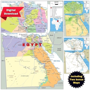 Mappa politica dell'Egitto stampabile + 2 strade e topografia bonus, file JPG formato A3 ideale per viaggi, studio, ufficio e arredamento per la casa Africa nord-orientale