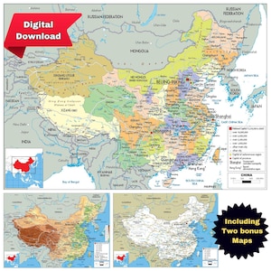 Politische Karte Chinas, digitaler Download, druckbare Verwaltungs-, Straßen- und topografische Poster für Bildung, Dekoration, Reiseplaner, Büros