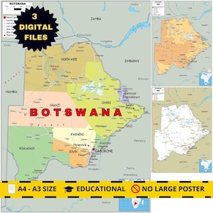 May include: A colorful map of Botswana, with the country's name in large red letters. The map highlights regions with different colors and includes smaller maps. Text on the image indicates it is available in A4-A3 sizes and is educational.