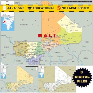 May include: A detailed map of Mali, featuring regional divisions and city names. The map includes the text "MALI" in large red letters and is labeled "A4 - A3 SIZE" and "EDUCATIONAL". Additional smaller maps are included, along with the text "3 DIGITAL FILES".