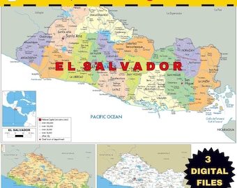 Zestaw map Salwadoru do druku: polityka, fizyka i sieć dróg