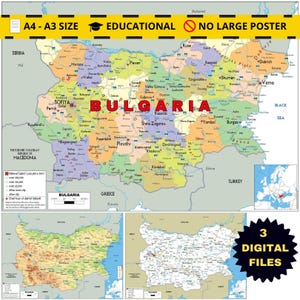 Bulgaria High Detail Maps: Political, Physical & Roads (Printable Digital Download)