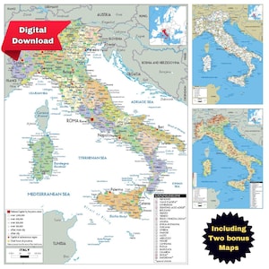 Italien - Politische digitale Karte, druckbar, mit Regionen, Städten, Grenzen und 2 Bonus-Drucken mit Straßen und Topografie für Reisen, Büro, Klassenzimmer, A3