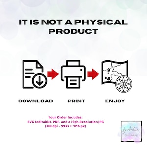 May include: Digital art graphic with the text "IT IS NOT A PHYSICAL PRODUCT." The image shows a download icon, a printer icon, and a map icon with a compass rose, connected by red arrows. Text below the icons reads "DOWNLOAD," "PRINT," and "ENJOY."