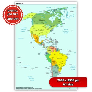 Puede incluir: Un mapa colorido de América del Norte y del Sur, con países etiquetados en varios colores. El mapa incluye el texto "AMERICA", "DIGITAL JPG FILE 300 DPI", y "7016 x 9933 px A1 size". Los océanos están etiquetados, y el mapa está sobre un fondo blanco.