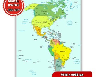 Karte von Amerika in hoher Auflösung (300 DPI – A1-Druckformat) im JPG- und PDF-Format