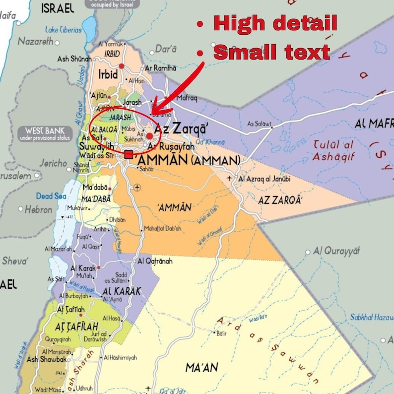 Jordan Rural Area Jordan Map Set: Political, Physical & Road (printable Digital Download ...