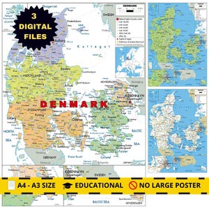 Detailed DENMARK Map Political, Topography & Main Road Digital Download A3 for Educational, Business, Home decor or Travel agencies Wall Art
