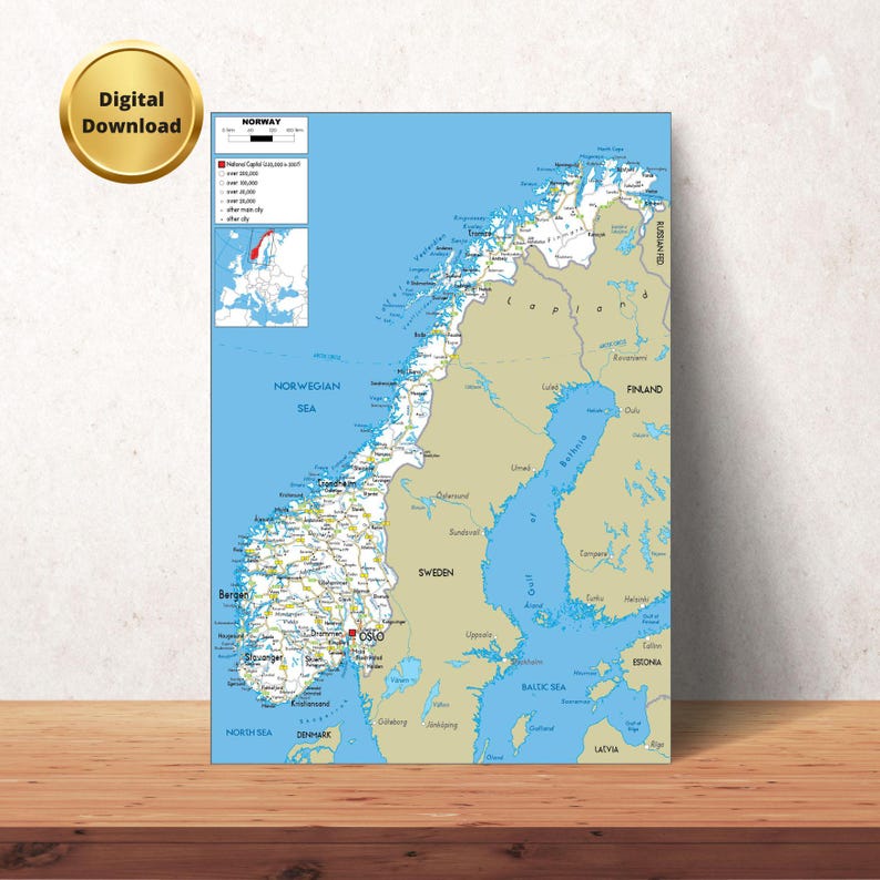 Norway Map.pdf Printable NORWAY Political Map + 2 Bonus Topography & Roads - Etsy