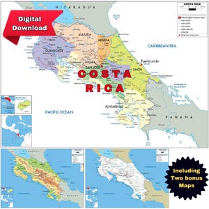 Afdrukbare politieke kaart van COSTA RICA + terrein en wegen