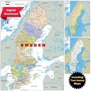 Carte politique imprimable de la SUÈDE + 2 routes et topographie bonus