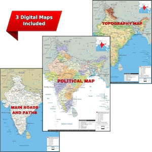 Mappa dettagliata dell'INDIA stampabile, politica, topografia e strade, formato A3, poster digitale scaricabile per istruzione, affari, viaggi o arredamento per la casa immagine 9