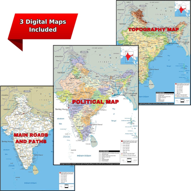 Mappa dettagliata dell'INDIA stampabile, politica, topografia e strade, formato A3, poster digitale scaricabile per istruzione, affari, viaggi o arredamento per la casa immagine 9