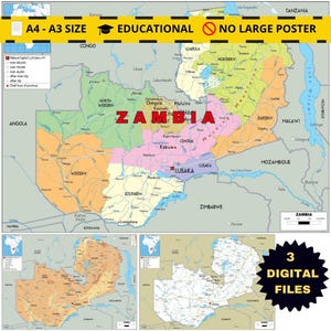 Puede incluir: Un mapa colorido de Zambia, con el nombre del país en letras rojas grandes. El mapa muestra las diferentes provincias y ciudades principales, incluyendo Lusaka. La imagen también incluye mapas más pequeños y el texto "A4 - A3 SIZE EDUCATIONAL NO LARGE POSTER".