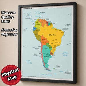South America Political Map | Fine Art Giclée Print | Framed or Unframed | Local Shipping