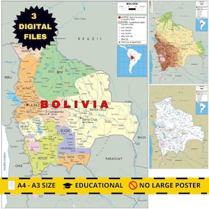 Bolivia Map Set: Political, Topography and Road (Printable)