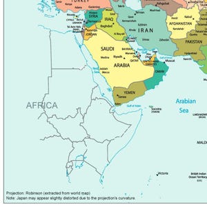May include: A detailed political map of the Middle East and surrounding regions, including countries like Saudi Arabia, Iran, and Yemen. The map features country names, major cities, and geographical features, with a Robinson projection.