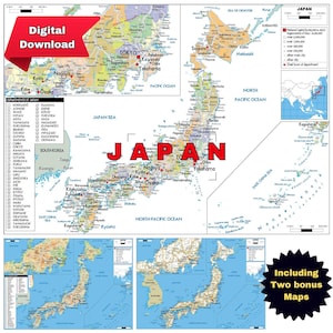 Colorful JAPAN Political Map Printable DIGITAL Download with Prefectures Cities and Borders + 2 Bonus Roads & Topography maps A3