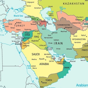 May include: A detailed political map of the Middle East and surrounding regions. Countries are color-coded and labeled with their names and major cities. Bodies of water, including the Black Sea, Caspian Sea, and Persian Gulf, are also shown.