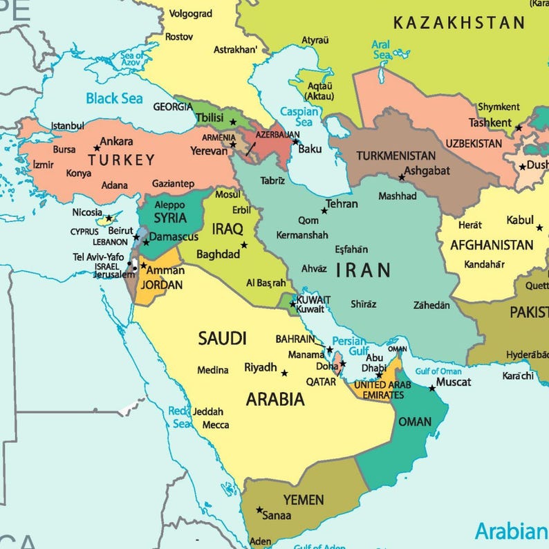 May include: A detailed political map of the Middle East and surrounding regions. Countries are color-coded and labeled with their names and major cities. Bodies of water, including the Black Sea, Caspian Sea, and Persian Gulf, are also shown.