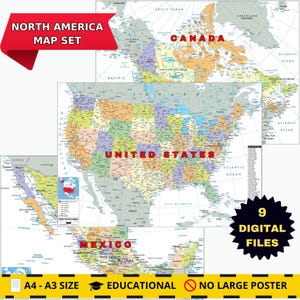 Printable NORTH AMERICA Map Set A3 Digital Download USA, Canada & Mexico Political, Topographic and Road Network for Travel, School or Decor