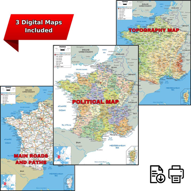 France Map.pdf France Printable Political Map Detailed DIGITAL Mapping With Cities ...