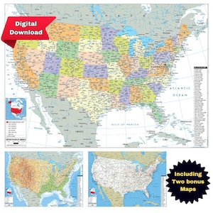Druckbare politische Karte der USA. Herunterladbares buntes Poster mit allen 50 Bundesstaaten, Hauptstädten, Autobahnen und Straßen. Physische und geografische Details.