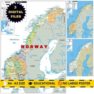 Druckbare politische Karte von Norwegen + 2 Bonuskarten: Topografie & Straßen