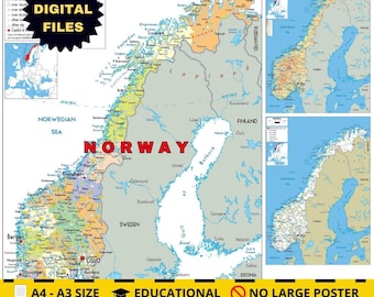 Druckbare politische Karte von Norwegen + 2 Bonuskarten: Topografie & Straßen