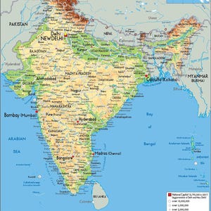 Mappa dettagliata dell'INDIA stampabile, politica, topografia e strade, formato A3, poster digitale scaricabile per istruzione, affari, viaggi o arredamento per la casa immagine 13