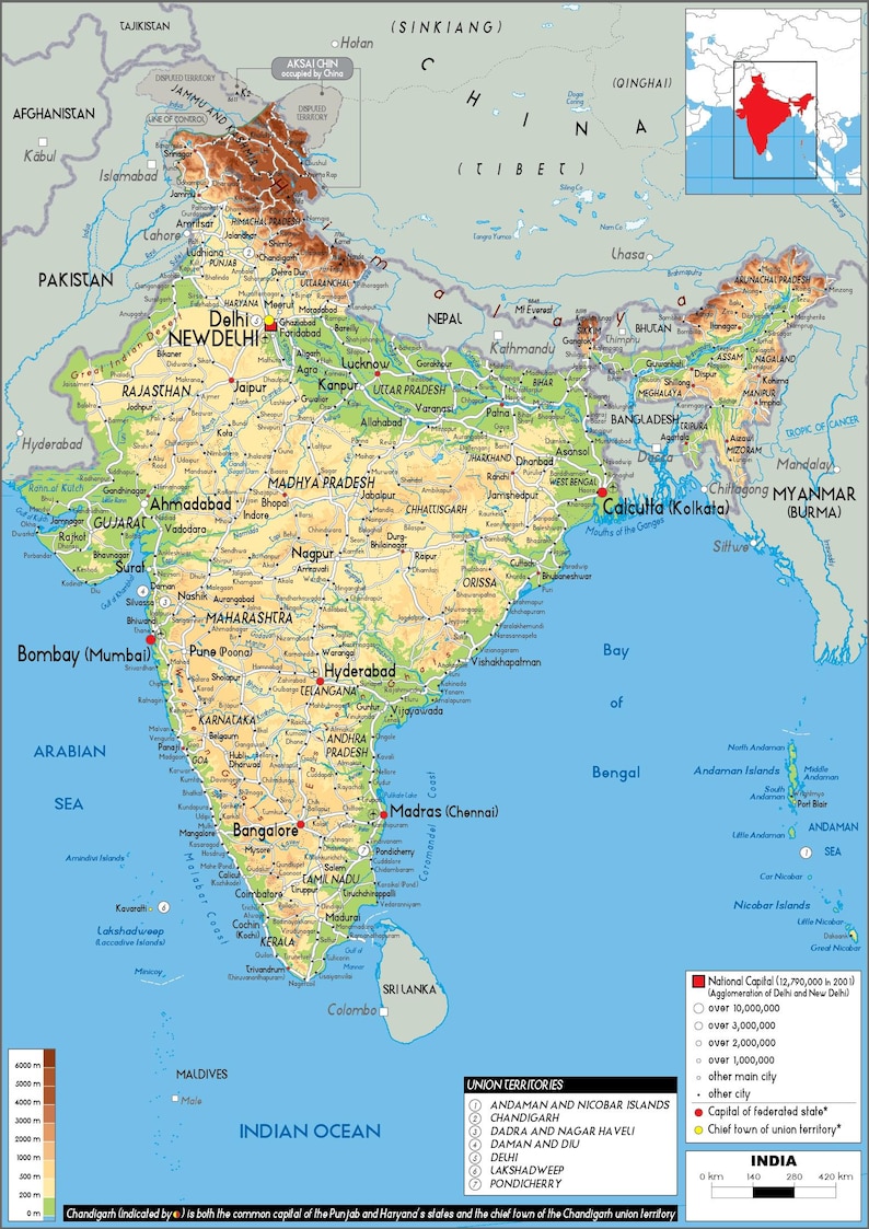 Mappa dettagliata dell'INDIA stampabile, politica, topografia e strade, formato A3, poster digitale scaricabile per istruzione, affari, viaggi o arredamento per la casa immagine 13