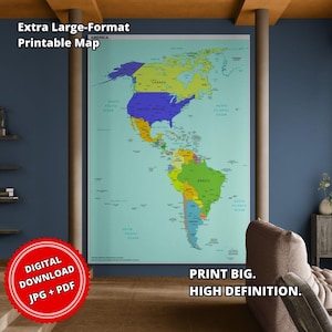 Puede incluir: Un mapa imprimible de gran formato de las Américas, con colores vibrantes para cada país. El texto "Extra Large-Format Printable Map" y "Print Big. High Definition." está presente.