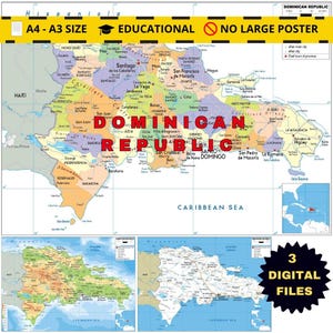 Puede incluir: Un mapa detallado de la República Dominicana, con ciudades, provincias y características geográficas. El mapa incluye el texto "DOMINICAN REPUBLIC" en letras rojas grandes. También se incluyen mapas adicionales y el texto "3 DIGITAL FILES".