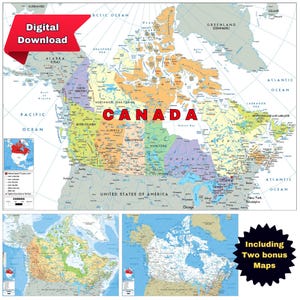 Carte politique détaillée du CANADA, affiche imprimable, ensemble de 3, topographie et routes en prime, idéal pour la salle de classe, les entreprises, les voyageurs, le bureau et la décoration