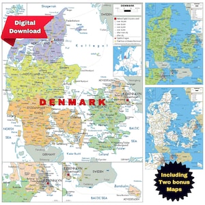 Detailed DENMARK Map Political, Topography & Main Road Digital Download A3 for Educational, Business, Home decor or Travel agencies Wall Art