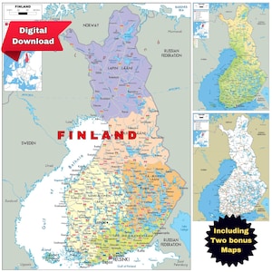 Carte politique de la Finlande + Route et topographie, imprimable au format A3 JPG Téléchargement numérique Affiche idéale pour les voyages, les études ou la décoration Pays nordique