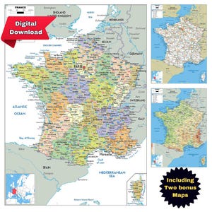 Druckbare politische Karte Frankreichs, detaillierte DIGITALE Kartierung mit Städten, Grenzen, Meeren und zwei Bonuskarten mit Hauptstraßen und Topografie A3