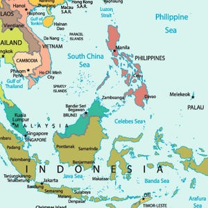 May include: A detailed map of Southeast Asia and surrounding areas, including the Philippines, Indonesia, and Malaysia. The map highlights countries, major cities, and bodies of water such as the South China Sea and Java Sea. The map is in shades of green, brown, and blue.