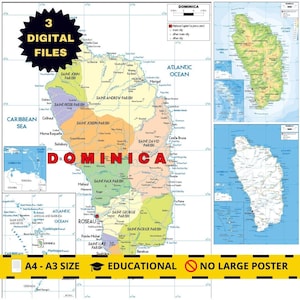 Dominica Printable Map Set: Political, Physical & Road (A3 Digital Download)