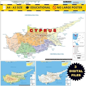 Puede incluir: Un mapa colorido de Chipre, etiquetado con ciudades y características geográficas. La palabra "CYPRUS" se muestra en rojo. Incluye el texto "A4 - A3 SIZE", "EDUCATIONAL" y "3 DIGITAL FILES".