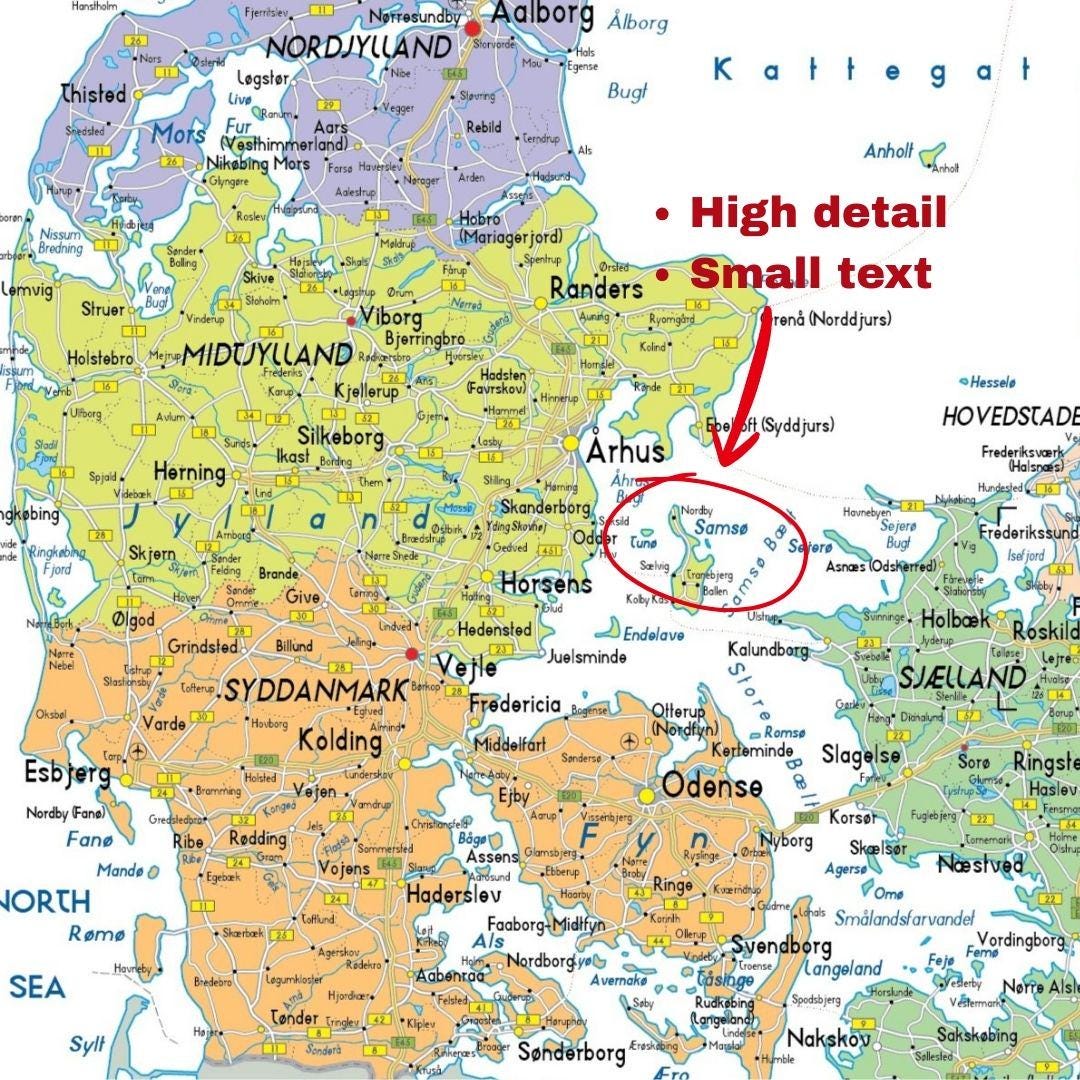 Detailed DENMARK Map Political, Topography & Main Road Digital Download ...