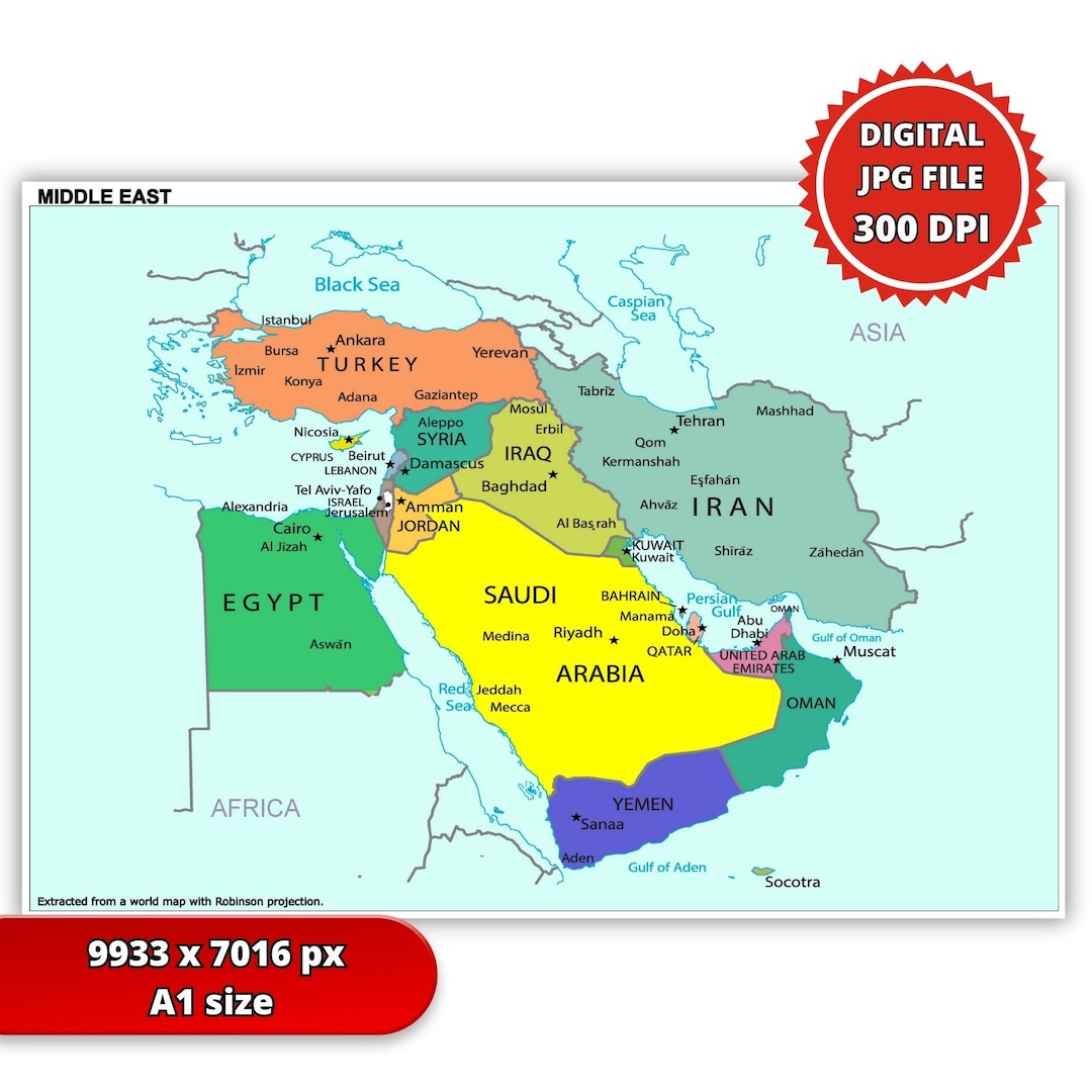 中東地図 – 高解像度 300 DPI (A1 印刷可能) JPG + PDF - Etsy 日本