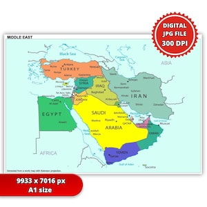 Può includere: Una mappa colorata del Medio Oriente, che evidenzia i paesi con colori diversi. La mappa include il testo "Medio Oriente", "Asia", "Africa", e i nomi di paesi e città. L'immagine include anche il testo "DIGITAL JPG FILE 300 DPI".