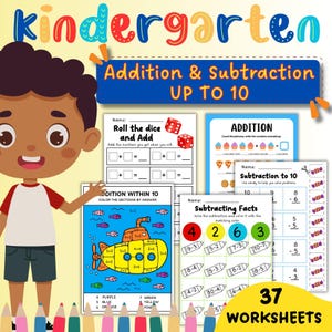 May include: A set of colourful educational worksheets for kindergarten, featuring addition and subtraction problems up to 10. The image includes a cartoon illustration of a child, dice, and various maths exercises. The set contains 37 worksheets.
