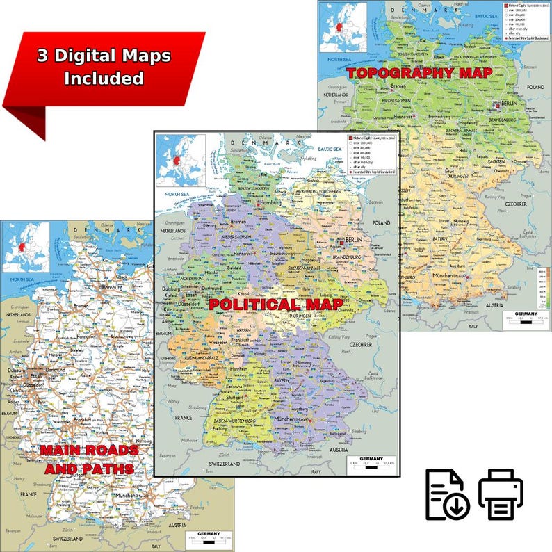 Germany Map Print Germany Printable Political Map Detailed DIGITAL Mapping with Cities ...