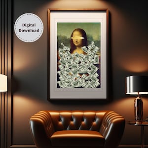 Mona Lisa and Money Poster, Money wall art, 100 dollar bill wall decor, Money Print, Stack of money DIGITAL art, Money print, Downloadable
