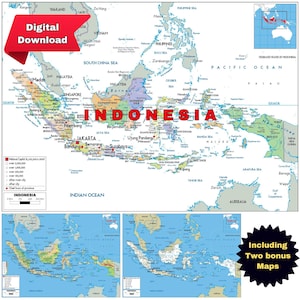Indonesia Political Map and 2 bonus Topography & Roads Digital Download A3 size