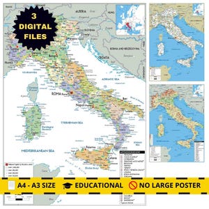 イタリア政治デジタル地図（地域、都市、境界線付き）印刷可能。道路と地形図付きボーナスプリント2枚付き。旅行、オフィス、教室用 A3