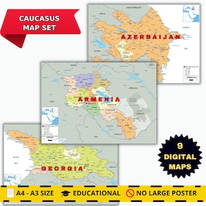 Caucasus Maps Bundle | Armenia, Georgia & Azerbaijan | Political, Physical and Road Maps for Each Country