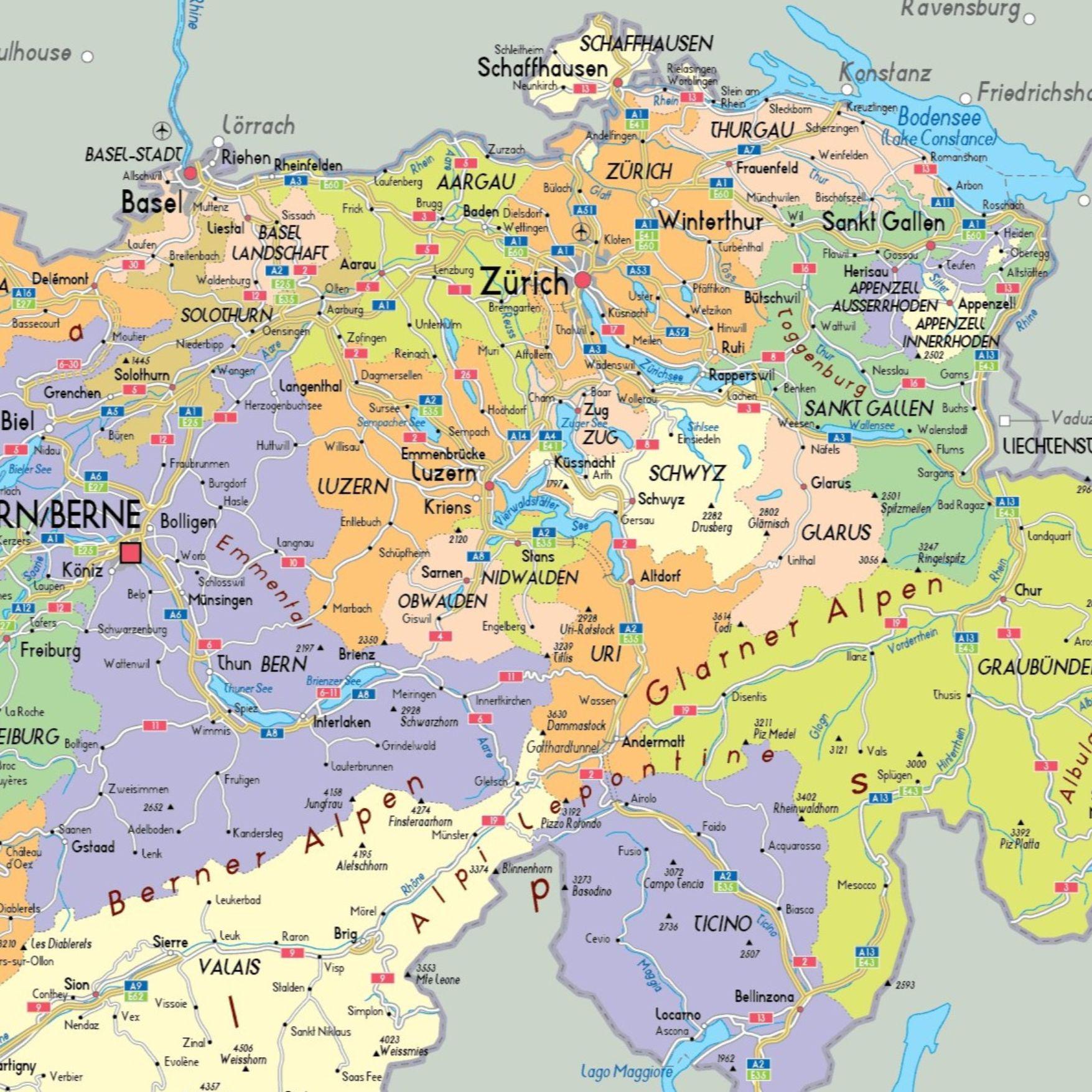 Switzerland Political Map Printable + Roads & Topography - Etsy